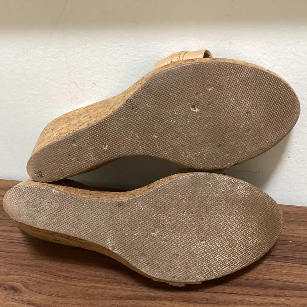 De Martino Capri Cork Wedge Leather Sandal with Turquoise & Gold Beads. Size 8.